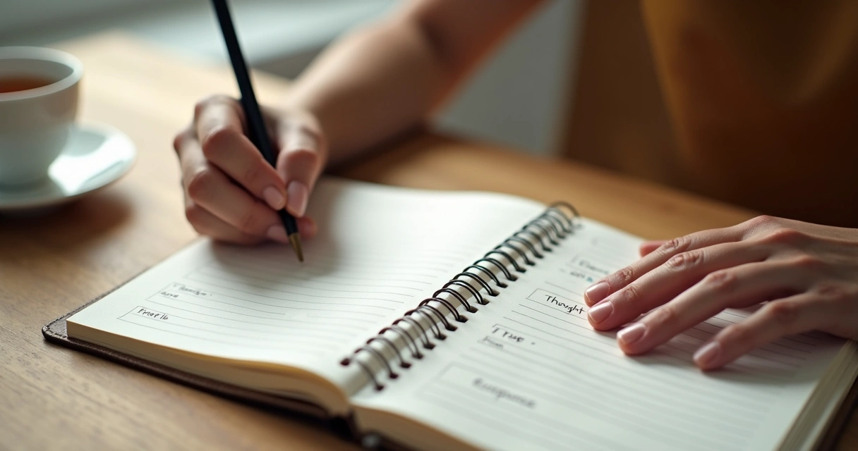 Caderno com anotações e pessoa observando pensamentos 
