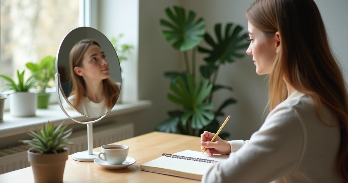 Pessoa observando o próprio reflexo enquanto anota aprendizados em um caderno 