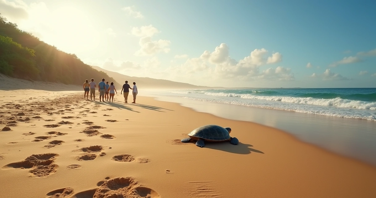 Grupo observando tartaruga marinha na praia de Ilhéus