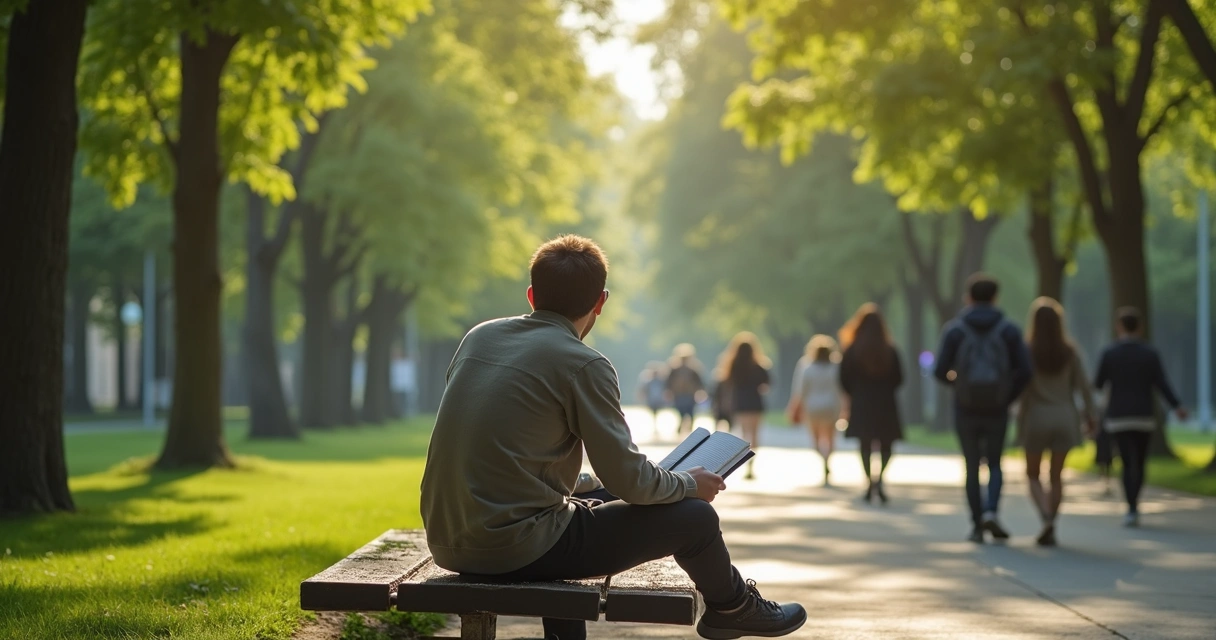 Persona sentada en un banco observando a personas caminar por un parque urbano 