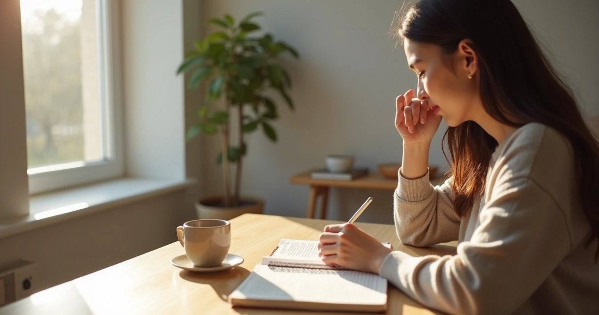 Persona escribiendo en un cuaderno junto a una taza y una ventana 