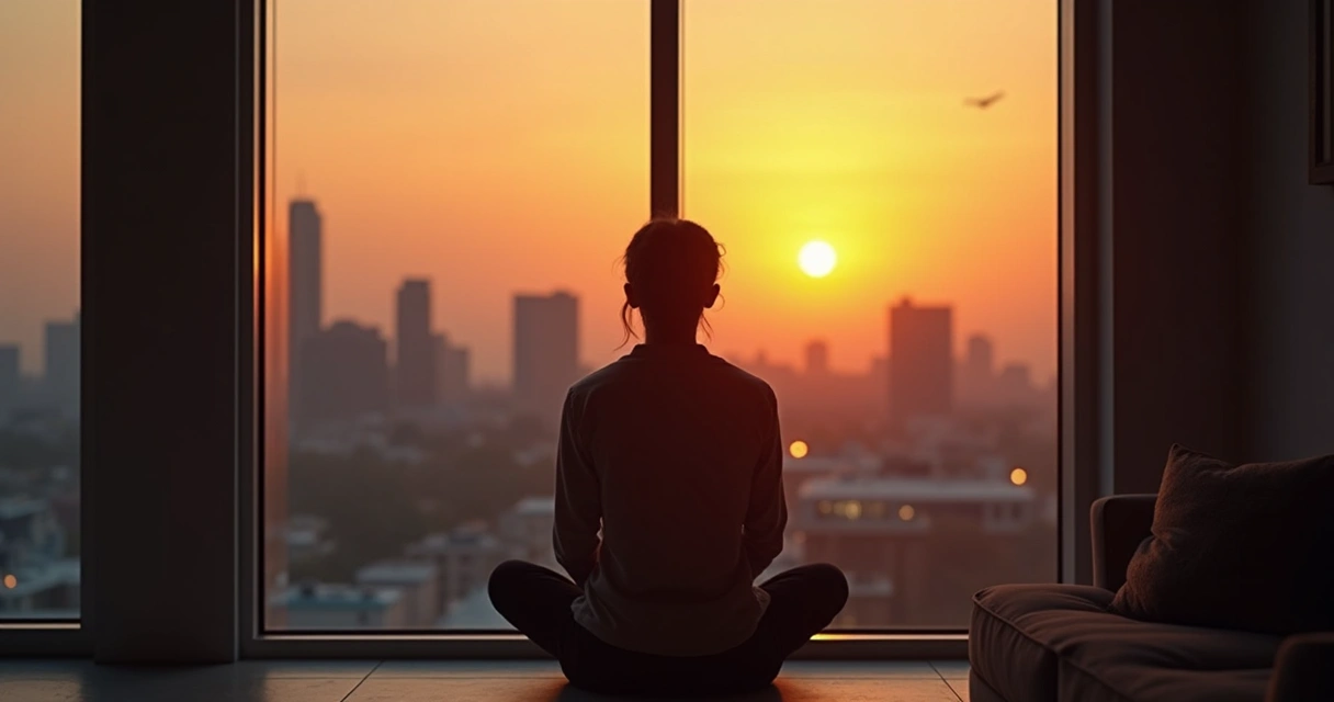 Persona sentada en silencio observando su reflejo en una ventana al atardecer