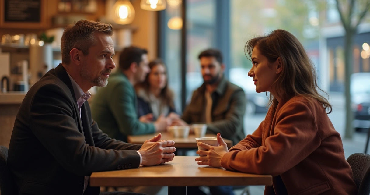 Dos personas conversando en cafetería con atención a gestos y mirada 