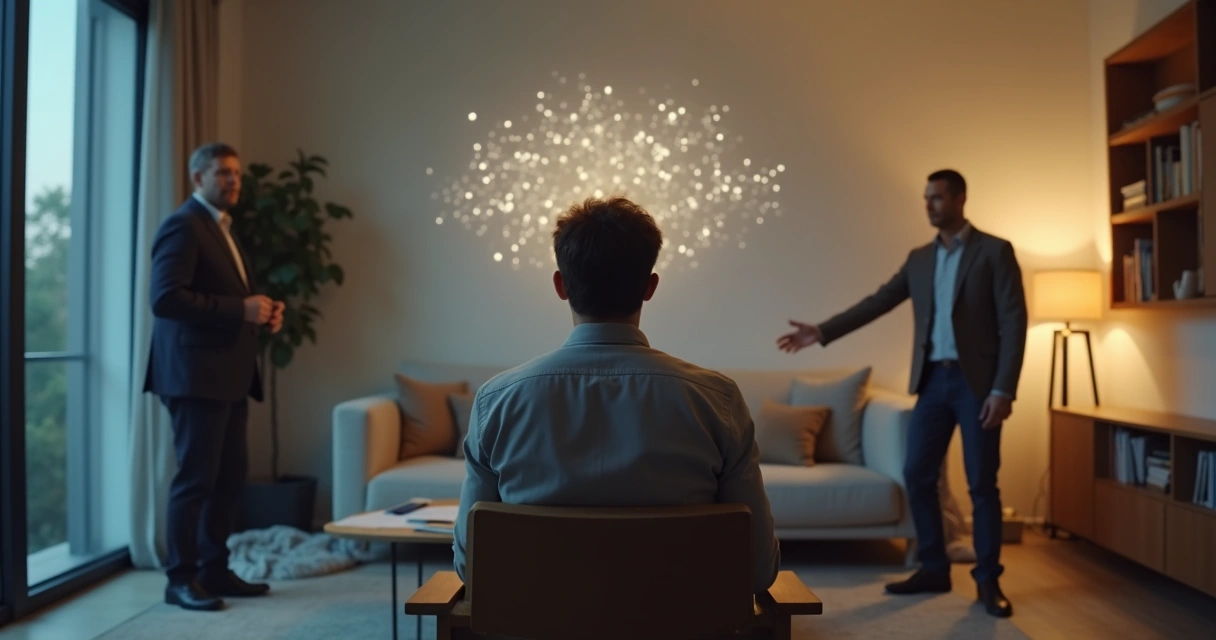 Persona observando un conflicto cotidiano desde una perspectiva elevada y serena 