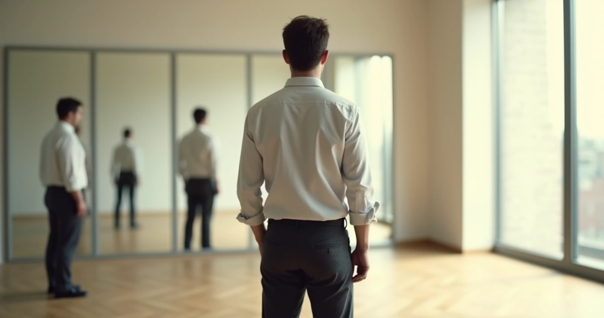 Pessoa observando o próprio reflexo em múltiplos espelhos 