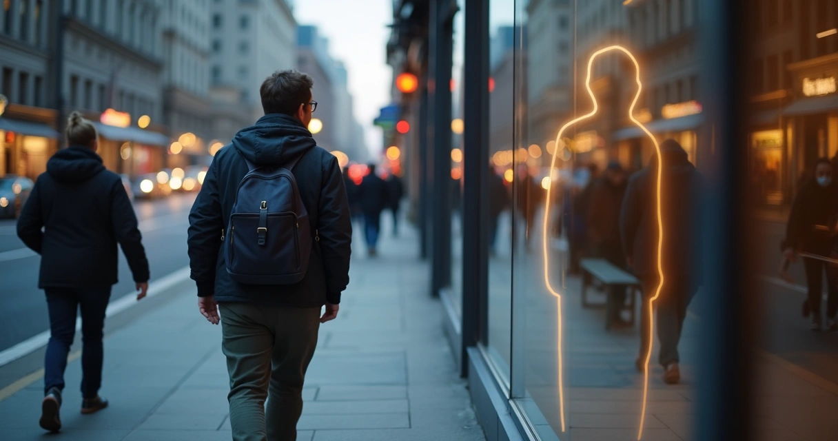Persona caminando por ciudad con silueta luminosa del observador interno reflejada en vitrina 