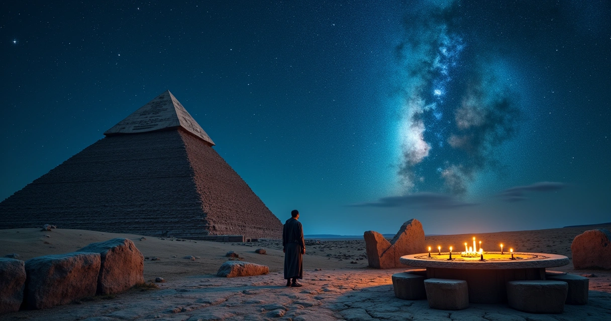 Observatório mesopotâmico com astrólogo, pirâmide egípcia e simbolismo astrológico sob um céu estrelado.