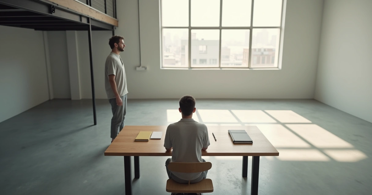Person observing their own smaller self at a decision table from above 