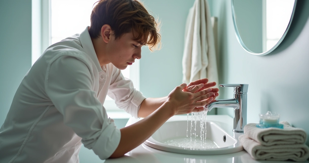 Pessoa lavando as mãos com expressão preocupada, pia branca ao fundo, sabão e toalha à direita 