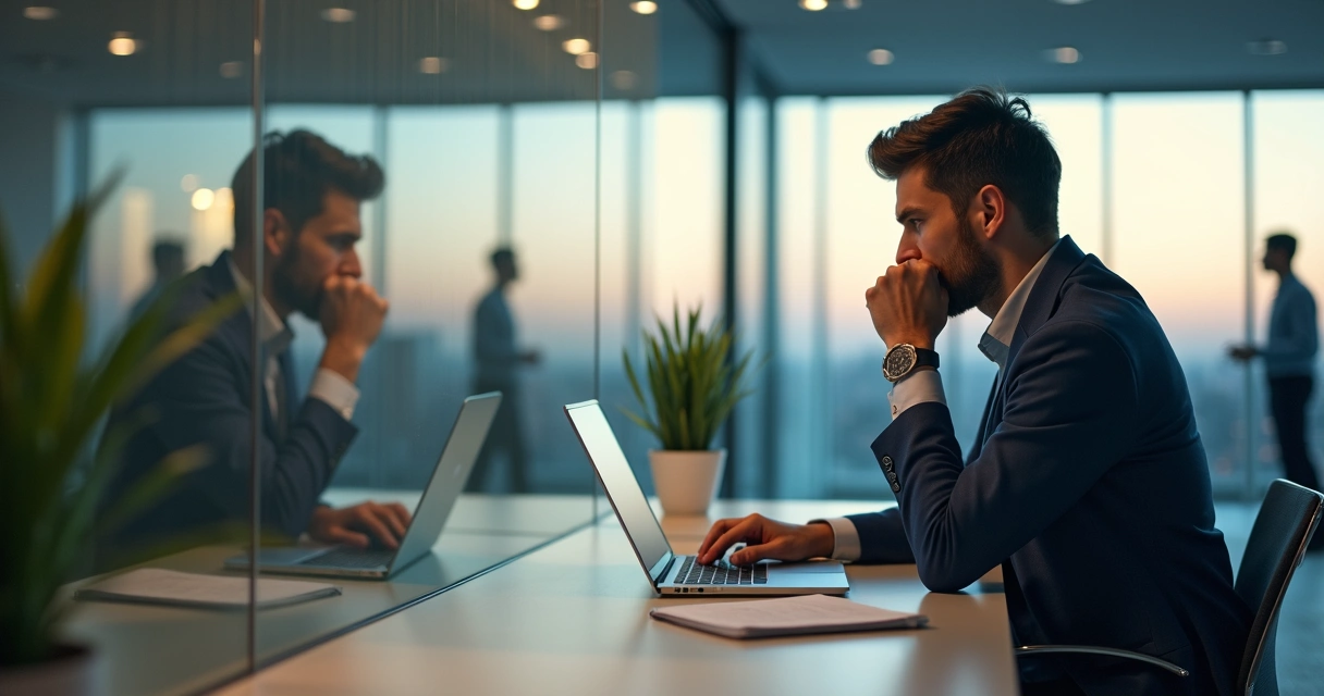 Profissional sentado em frente ao computador com reflexo espelhado mostrando conflito interno 