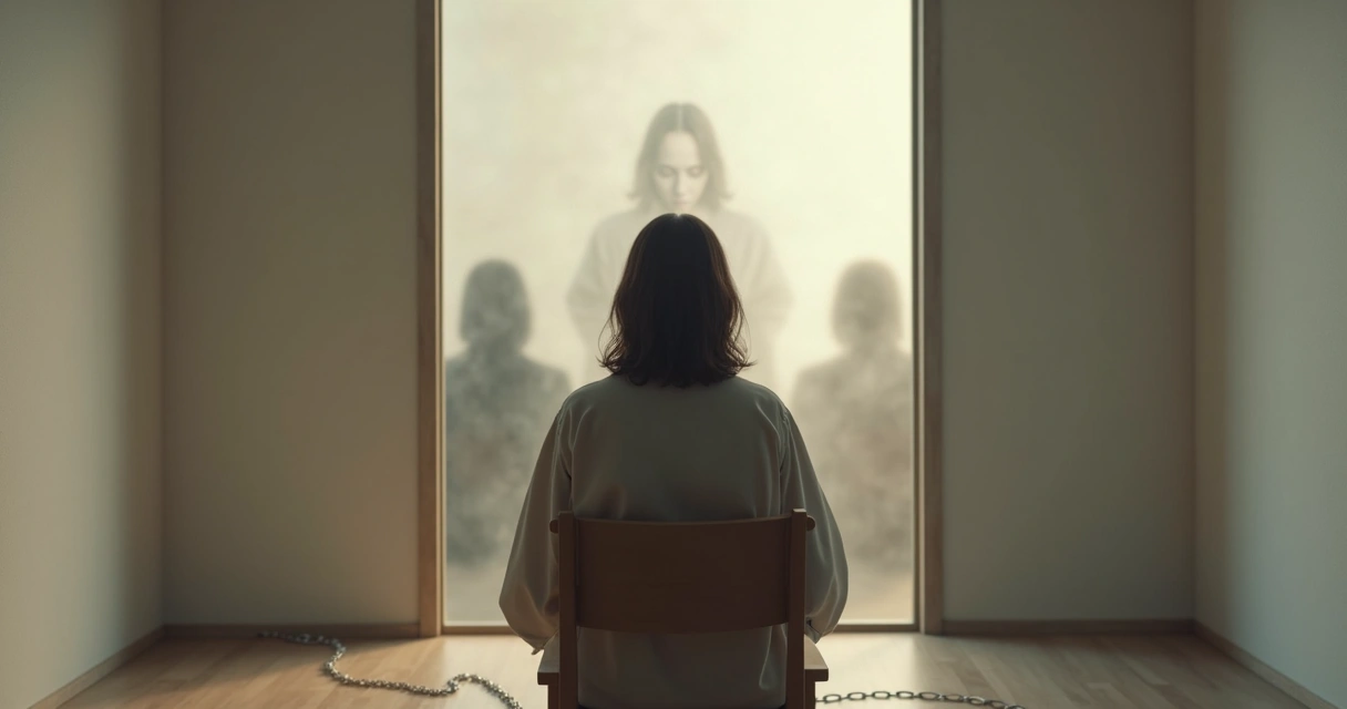 Pessoa refletindo em frente ao espelho com sombras ao fundo representando obstáculos internos 