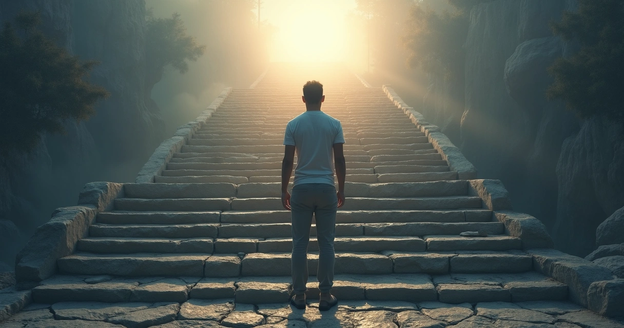 Pessoa em pé diante de degraus quebrados simbolizando obstáculos à evolução emocional 
