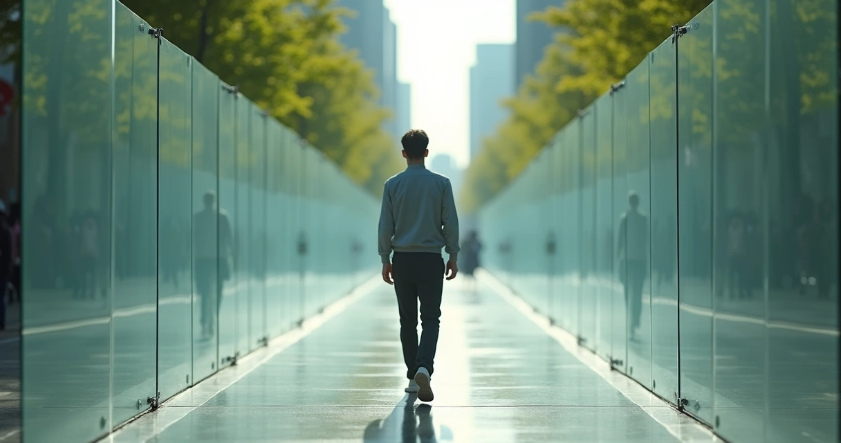 Obstáculos mentais invisíveis representados como barreiras transparentes no caminho de uma pessoa 