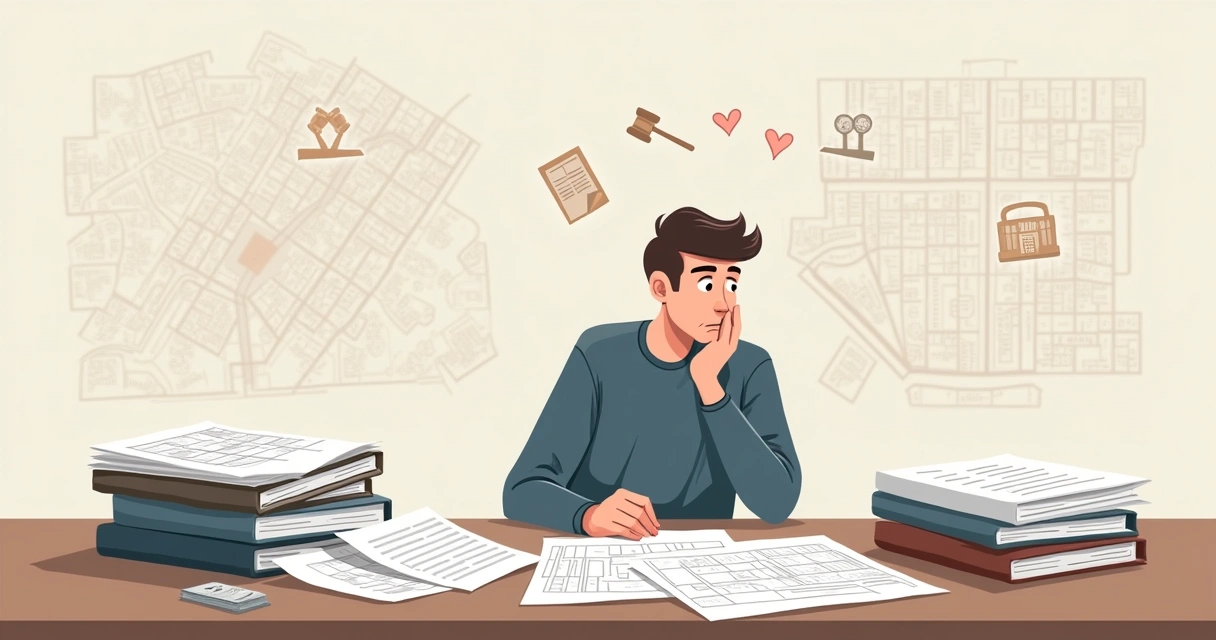 Pessoa analisando pilha de documentos e obstáculos na regularização 