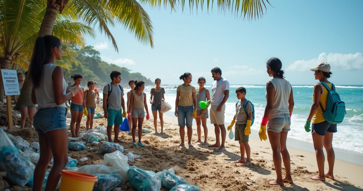 Equipe multidisciplinar realizando limpeza de praia e ações educativas ambientais perto do mar