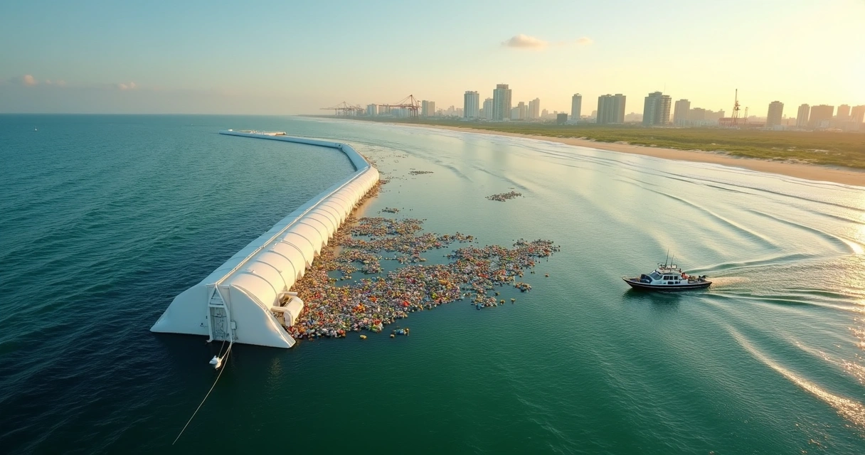Barreira de coleta contendo plásticos na superfície do mar perto de cidade costeira 