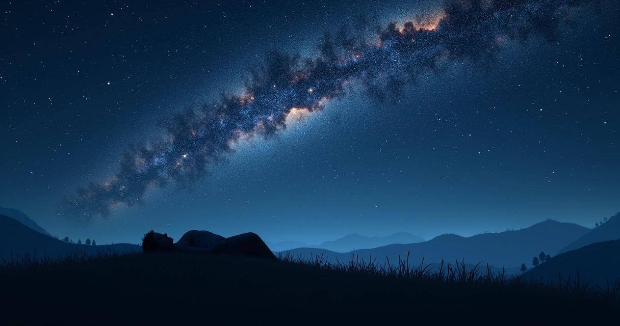 Paisagem noturna com figura deitada sob céu estrelado que se transforma em rostos coletivos 