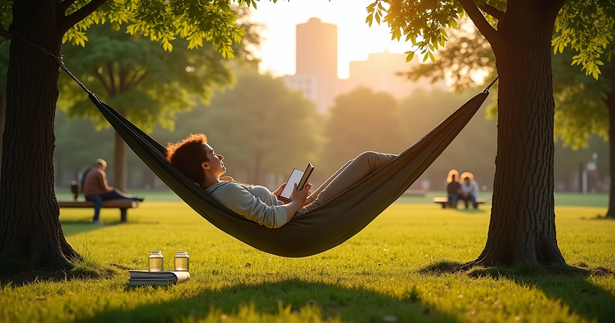 Pessoa deitada em rede lendo em parque arborizado ao pôr do sol 