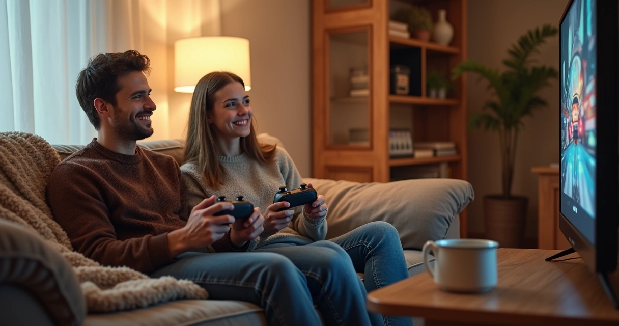 Dos personas compartiendo ocio digital en un sofá con luz cálida