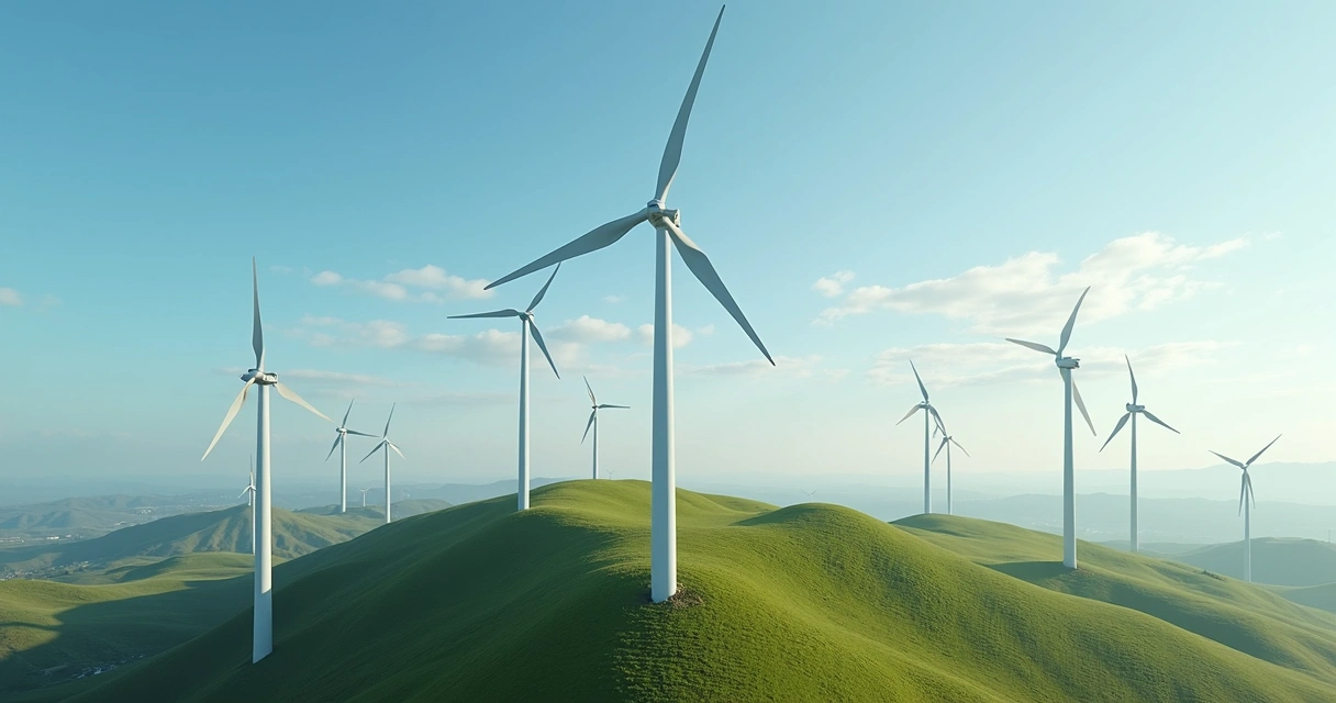 Turbinas eólicas em funcionamento sob céu limpo, nuvens no horizonte 