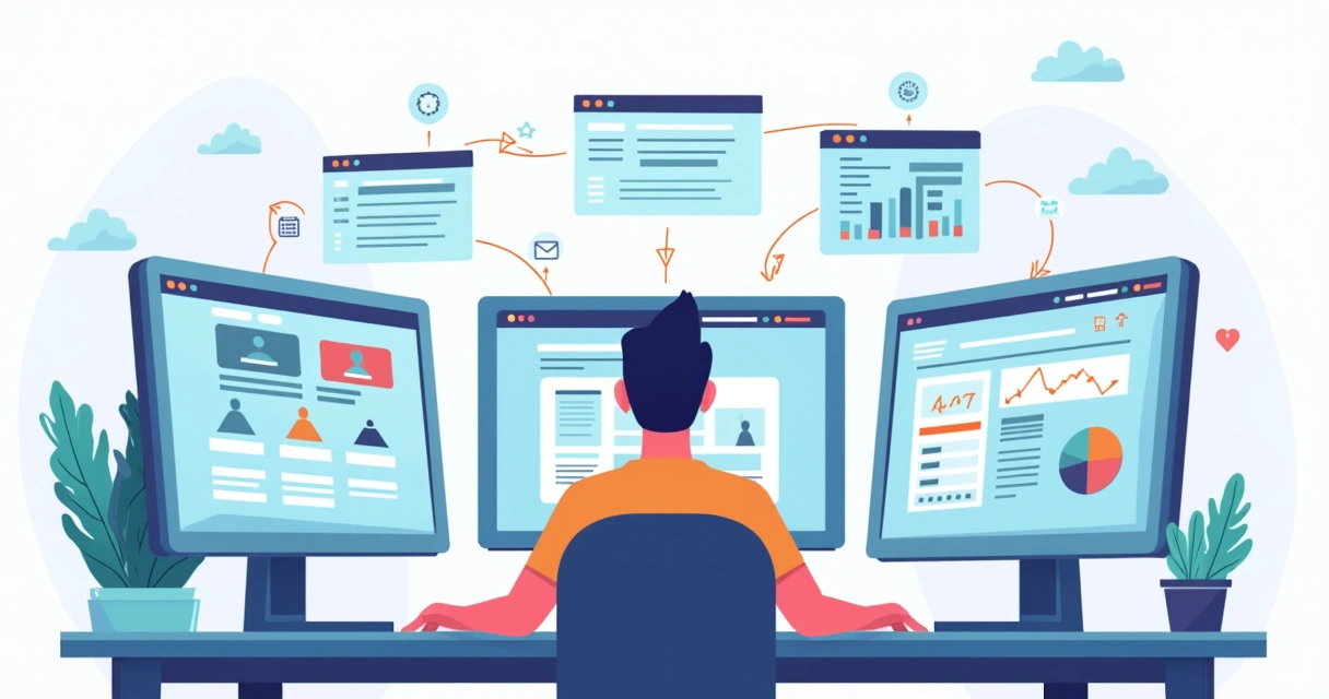 Flat illustration of a user controlling Octoparse web scraping dashboards on multiple screens 