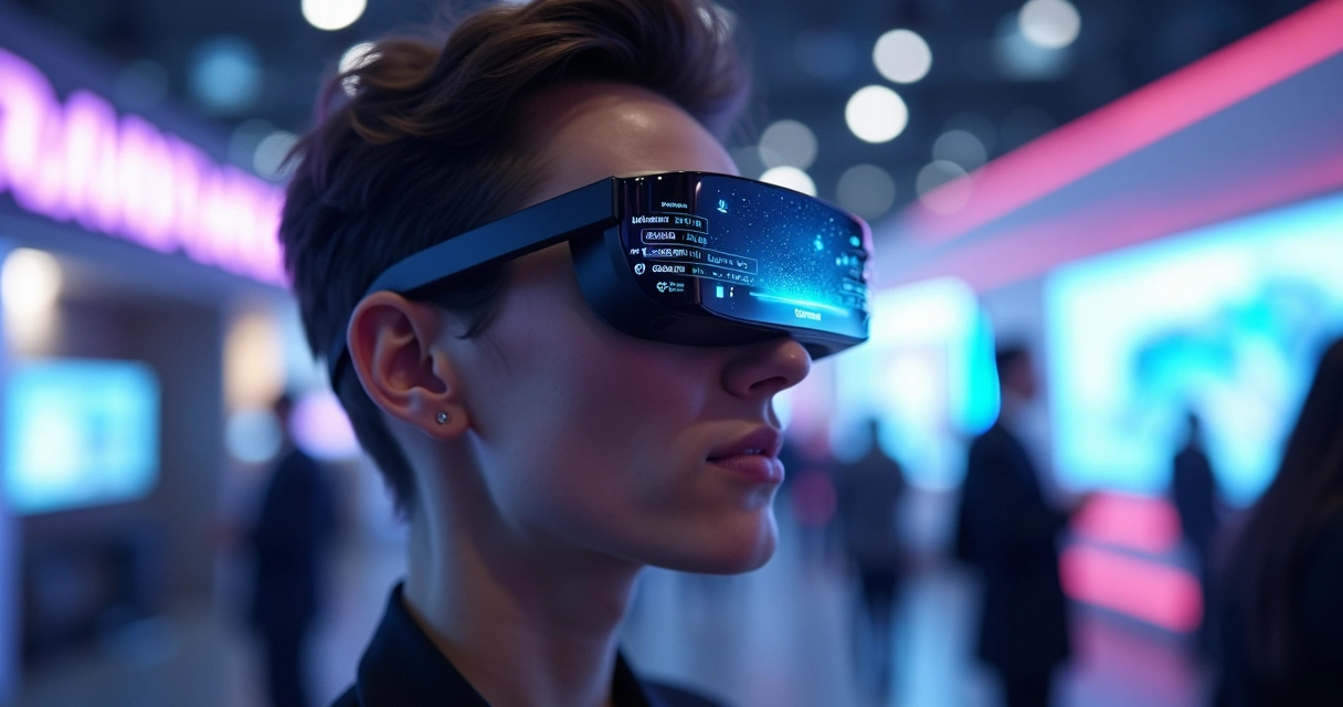 Pessoa usando óculos inteligentes com interface de realidade aumentada futurista em evento de tecnologia 