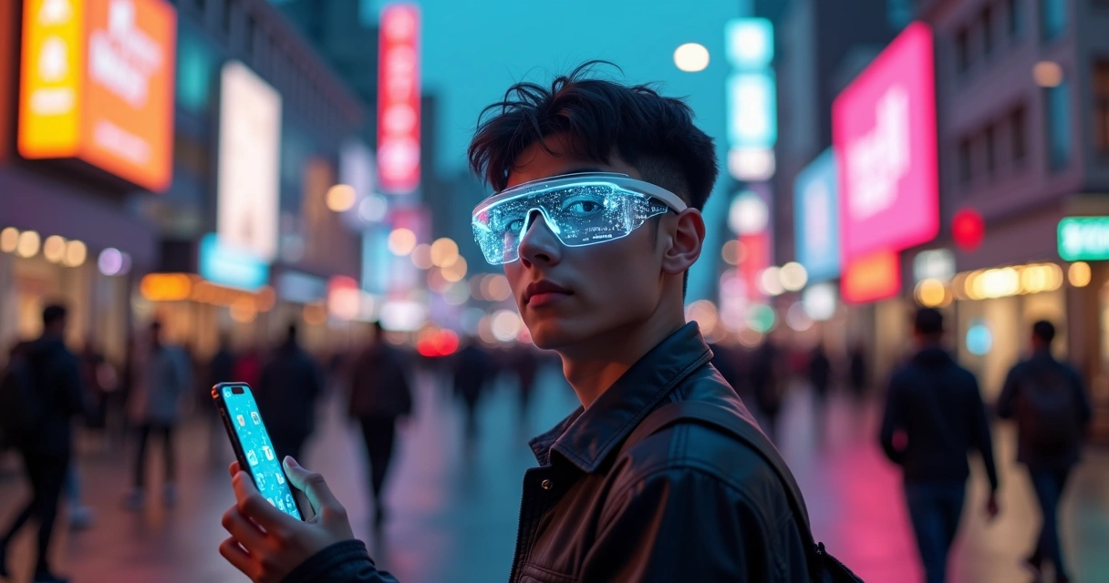 Pessoa usando óculos inteligentes com interface holográfica enquanto um smartphone é segurado na outra mão 