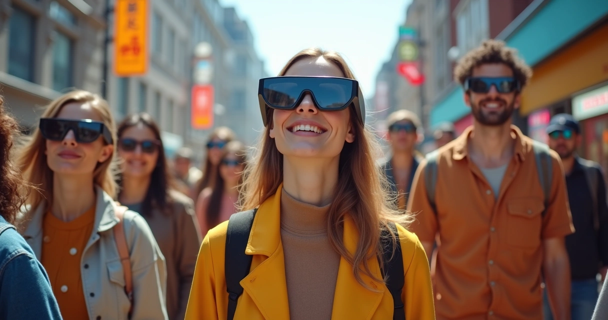 Pessoas usando óculos inteligentes em um ambiente urbano 