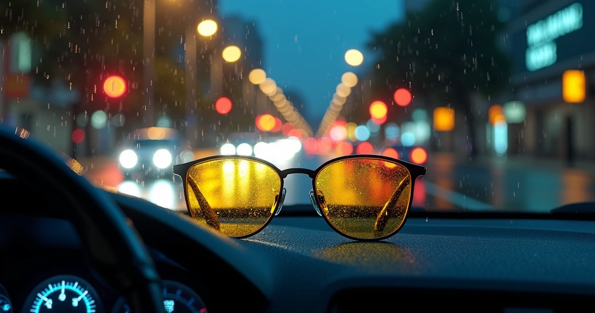 Óculos com lentes amarelas sobre painel de carro à noite em rua chuvosa 