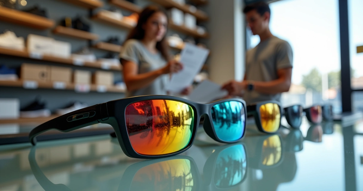 Óculos esportivos estilo Oakley originais expostos em balcão de loja especializada 