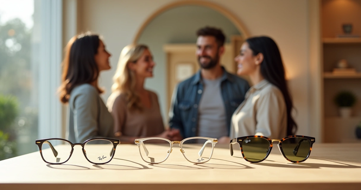 Mostruário com óculos oval Ray-Ban de grau e de sol sobre mesa de madeira clara 