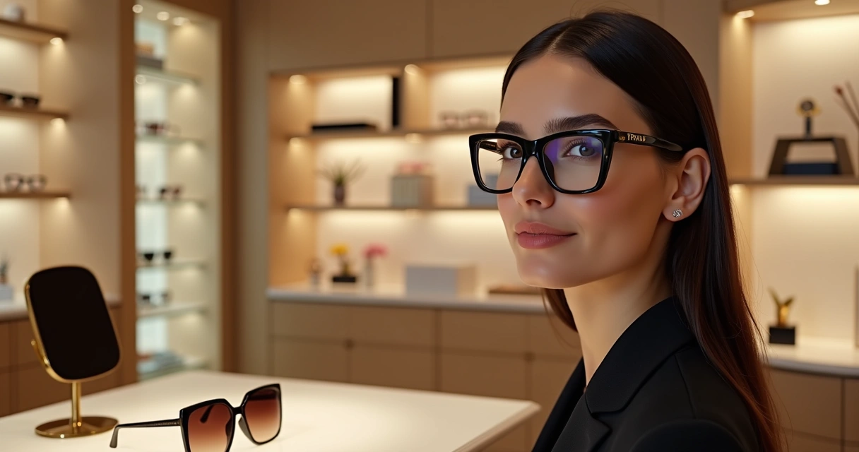 Mulher usando óculos quadrado feminino em ambiente de ótica sofisticada 