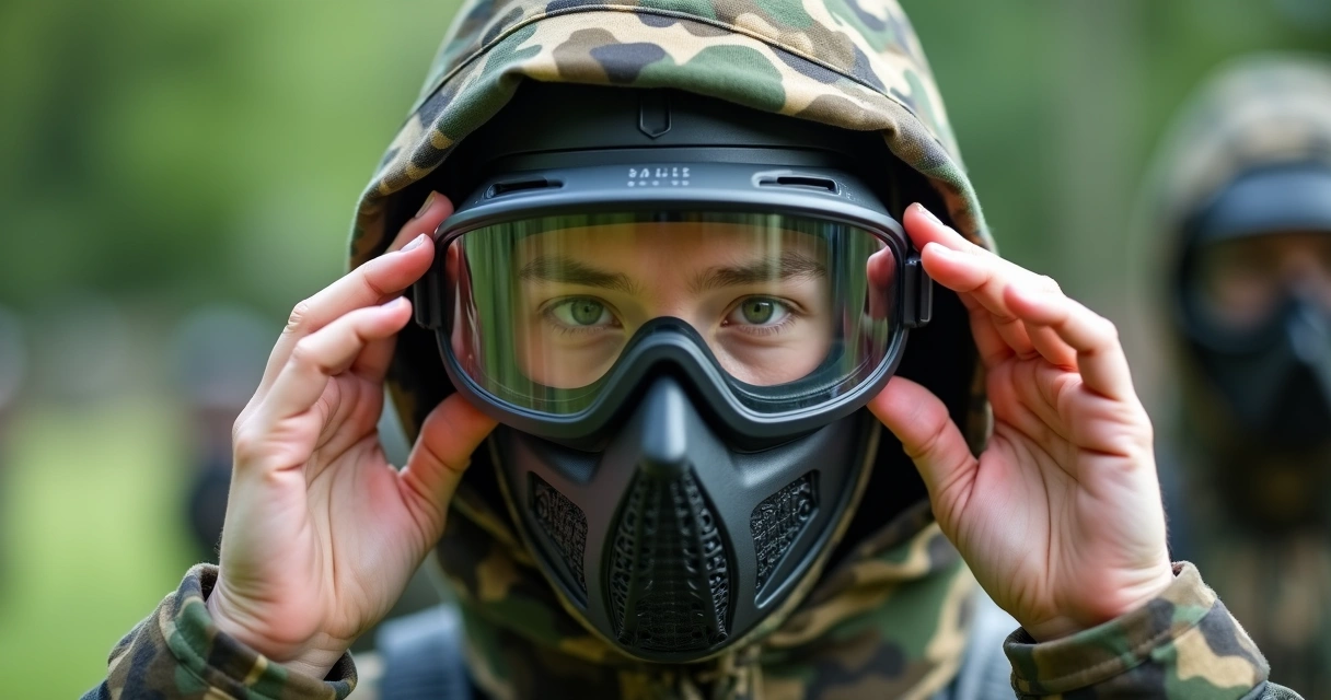 Jogador de airsoft usando óculos de proteção