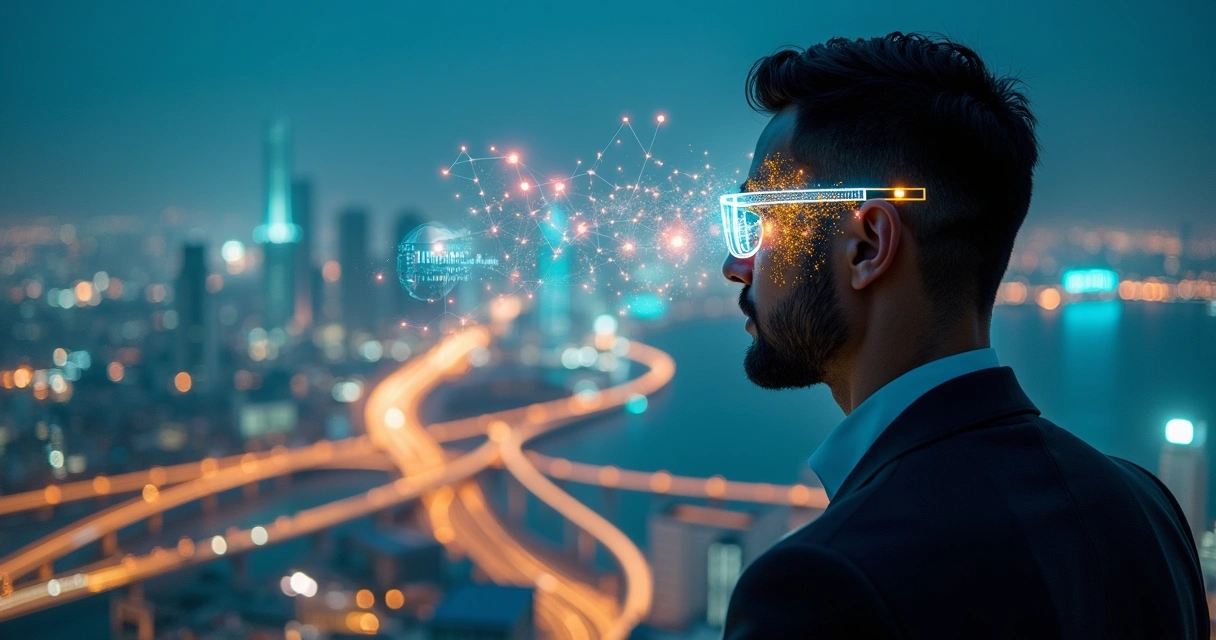 Executivo observa maquete de cidade refletida em óculos digitais com mapas de risco 