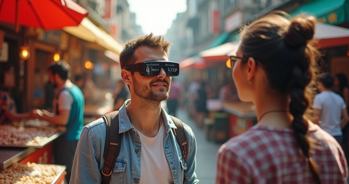 Óculos inteligentes com tradução simultânea em uso em viagem 