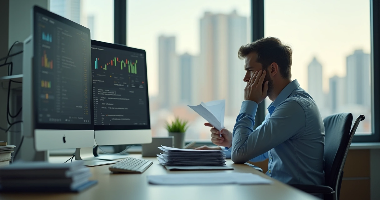 Profissional olhando desconfortável para relatórios em escritório