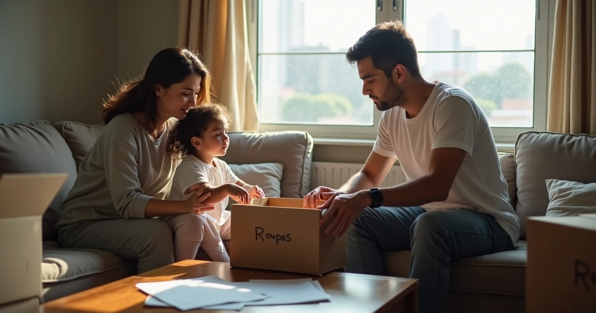 Família organizando seus pertences para sair de um imóvel após ordem judicial