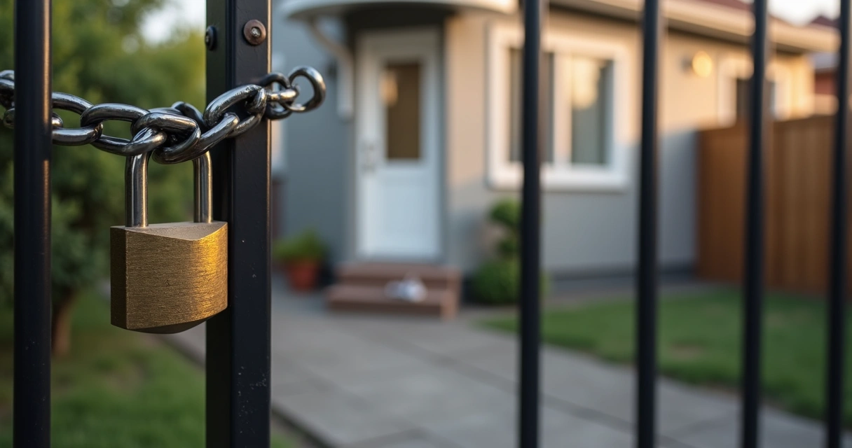 Casa urbana com portão fechado por cadeado vista através de grade metálica 