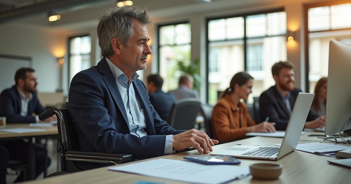 Trabalhador com deficiência usando cadeira de rodas em escritório moderno 
