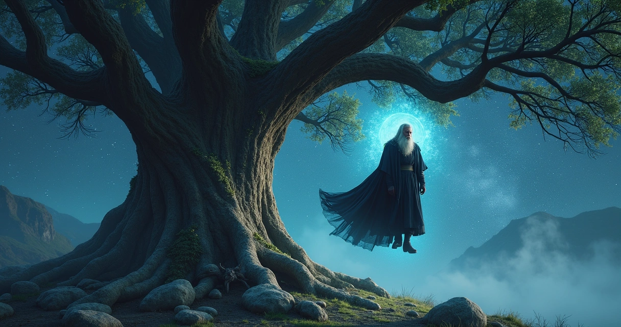 Odin hanging from Yggdrasil under starry night sky 