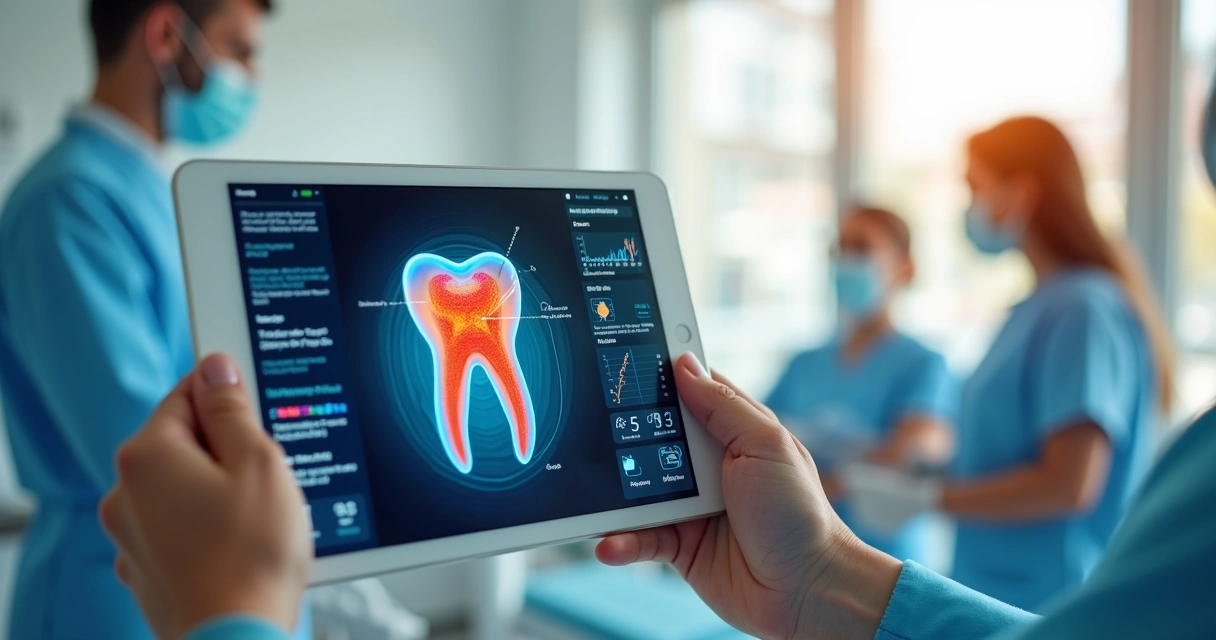 Representação digital do odontograma em tablet com equipe de dentistas ao fundo