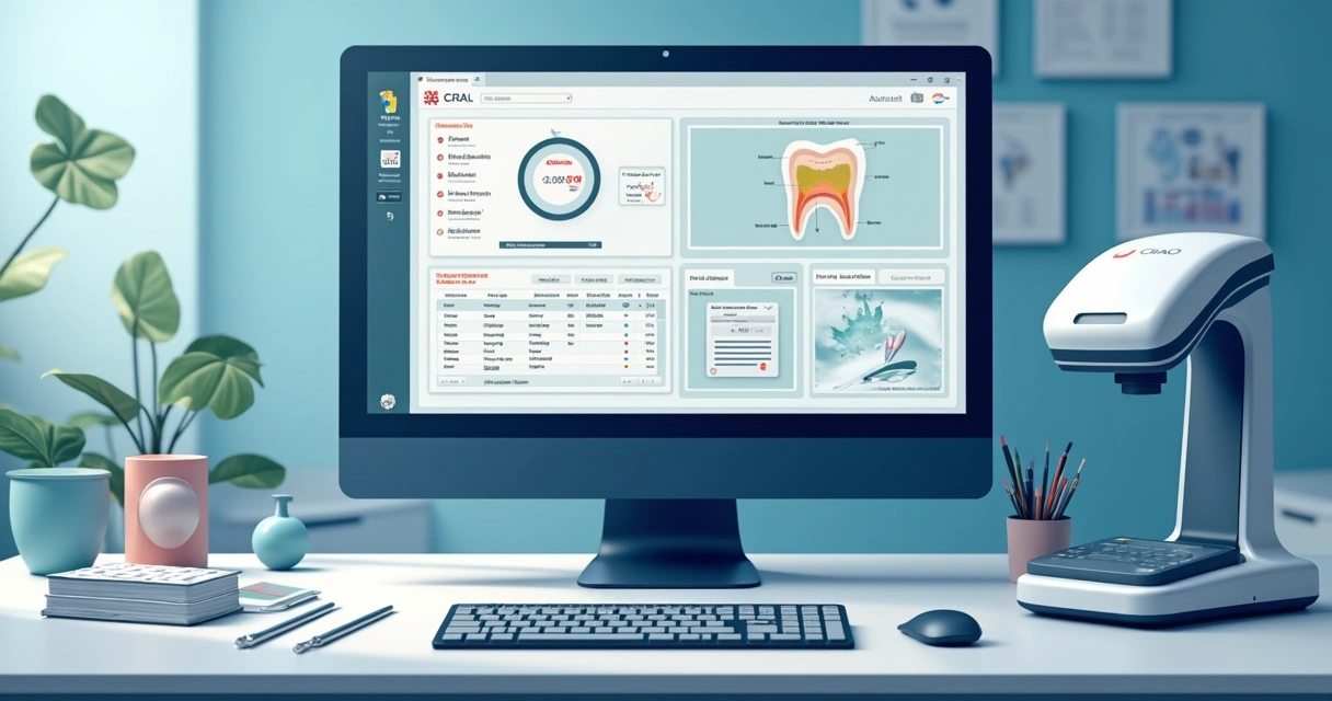Odontograma interativo e prontuário digital em tela de computador 