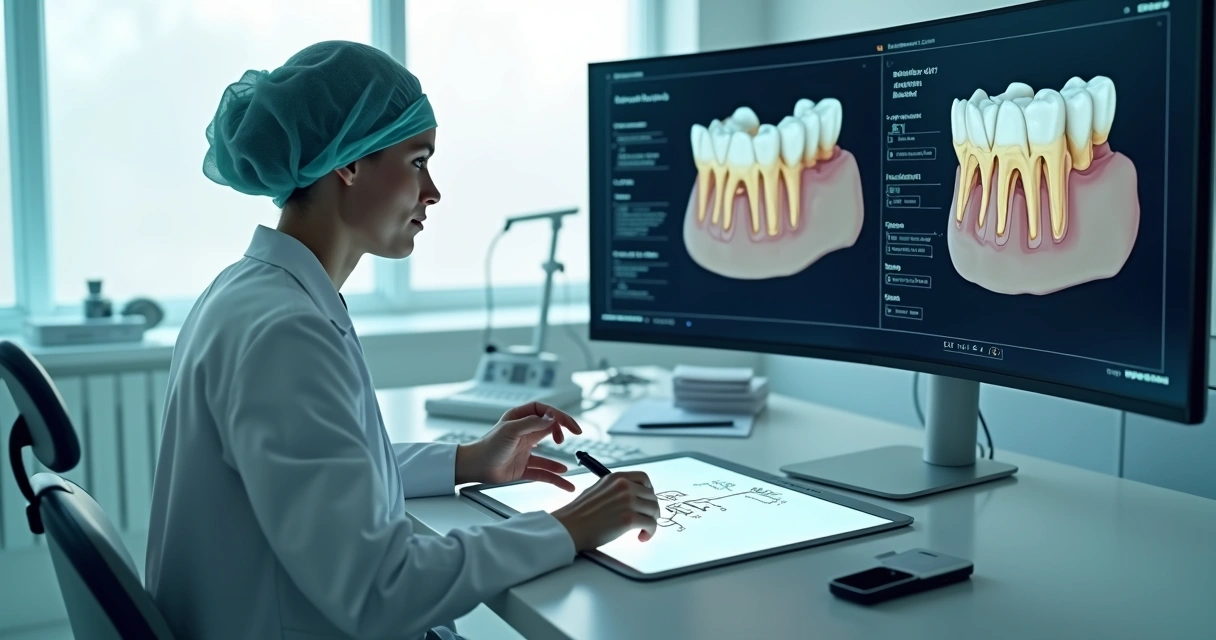 Dentista planejando tratamento em odontograma digital com imagens 3D dos dentes 