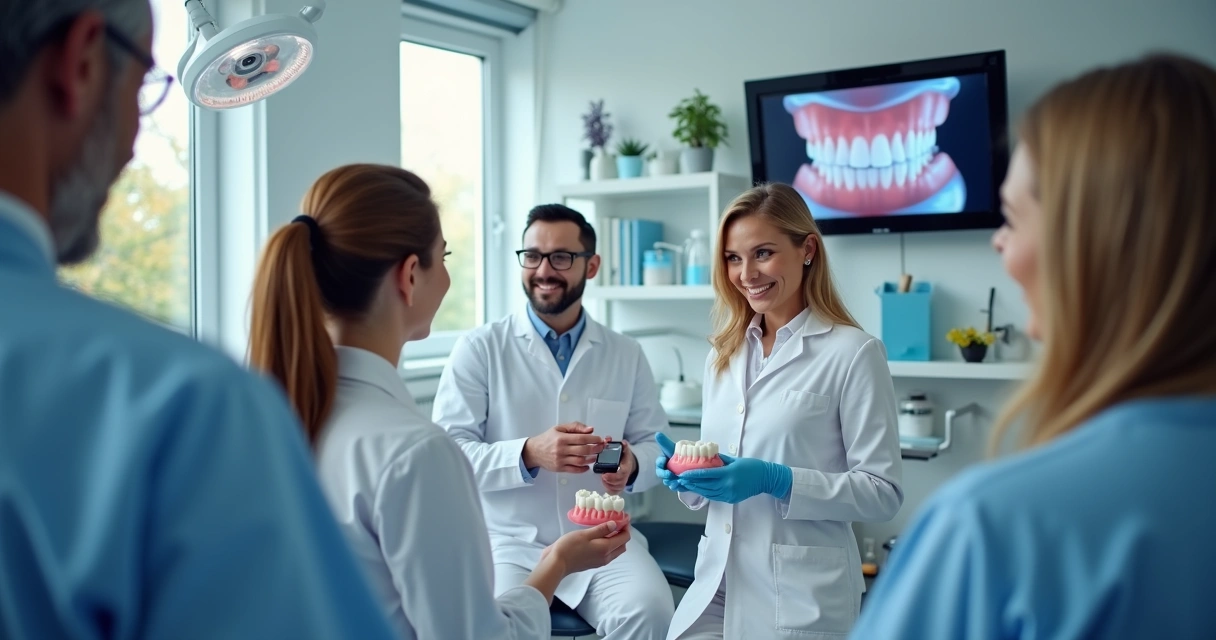 Equipe odontológica gravando vídeo educativo em clínica, pacientes sorrindo assistem. 