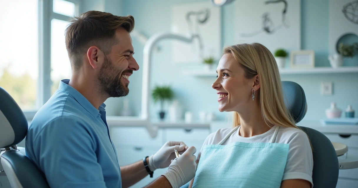 Dentista conversa e sorri com paciente em consultório moderno, logo da clínica em destaque ao fundo.