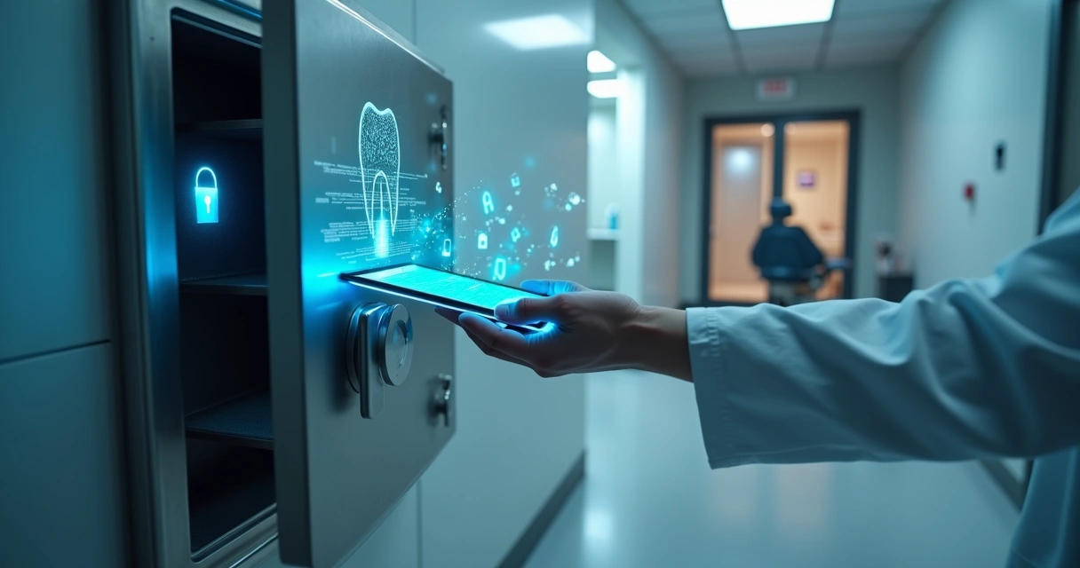 Dentista guarda ficha odontológica digital em cofre com ícones de dados ao redor 