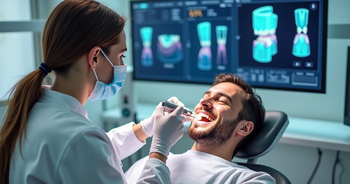 Paciente em clínica com scanner intraoral e imagem 3D na tela 