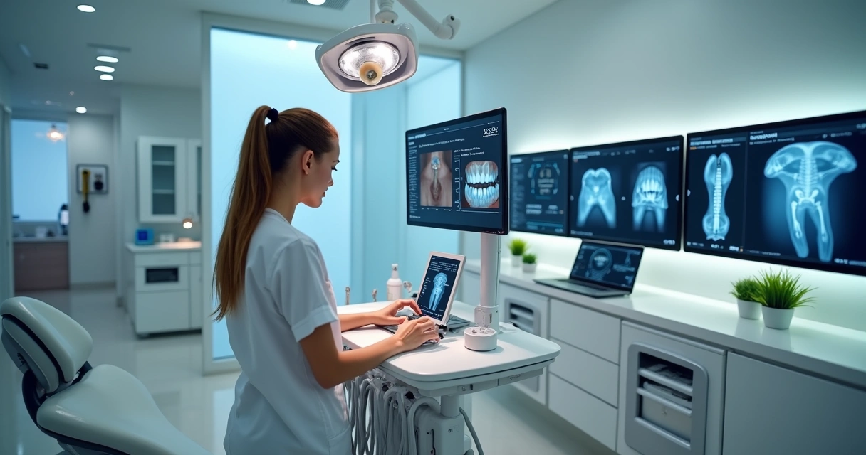Sala de clínica moderna com equipamentos digitais odontológicos 