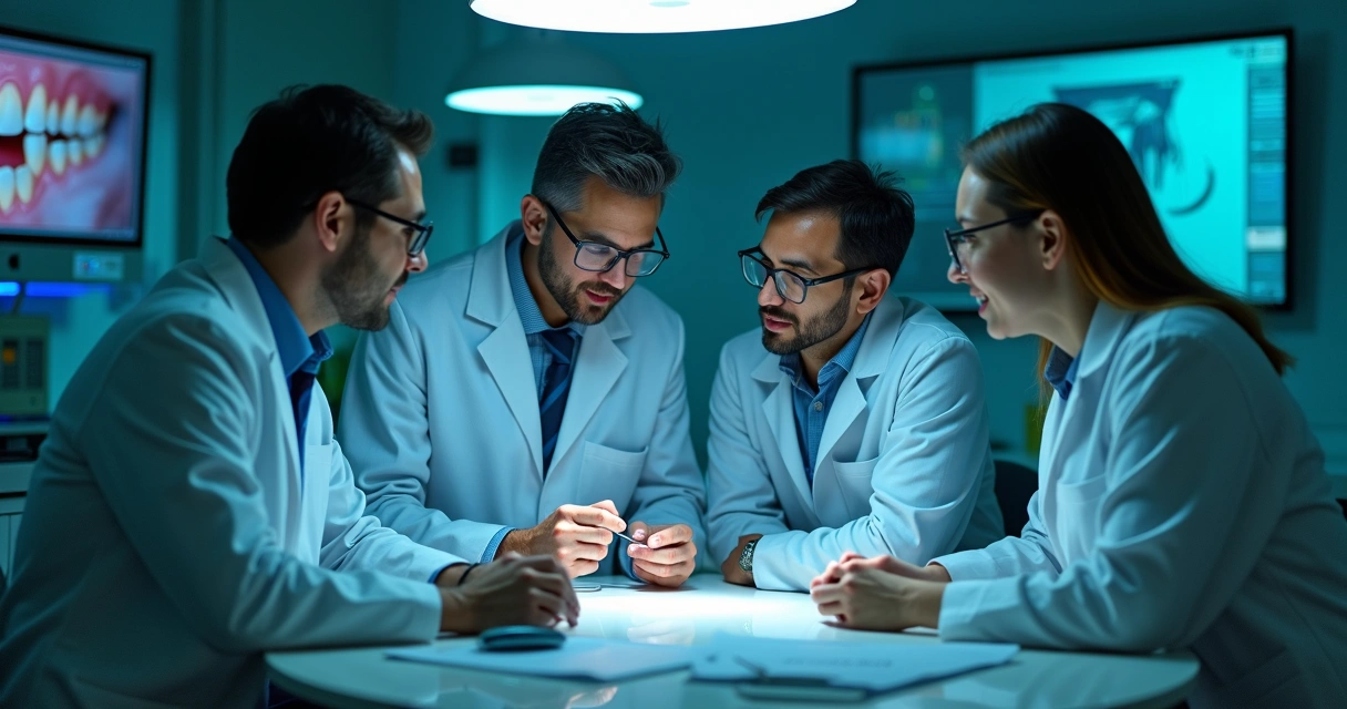 Equipe de clínica odontológica com dentistas e atendentes reunidos olhando para tela de computador com sistema online