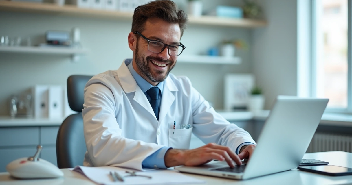 Dentista utilizando notebook em clínica moderna e sorrindo 